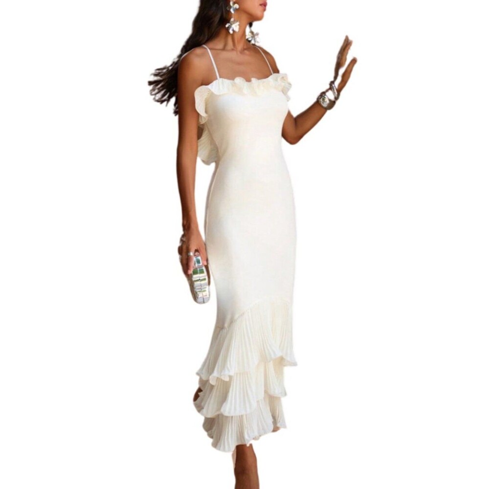 Cream Ruffle Trim Backless Mermaid Maxi Dress Boho Beach Vacation Party Sz M - Picture 6 of 10